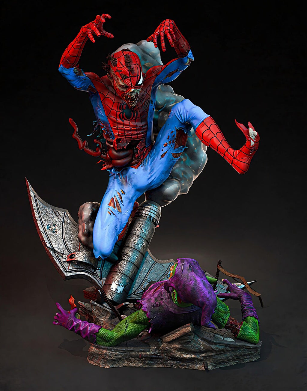 Zombie Spider-Man vs Lizard – Premium 3D Collectible Statue | Horror Superhero Display Figure