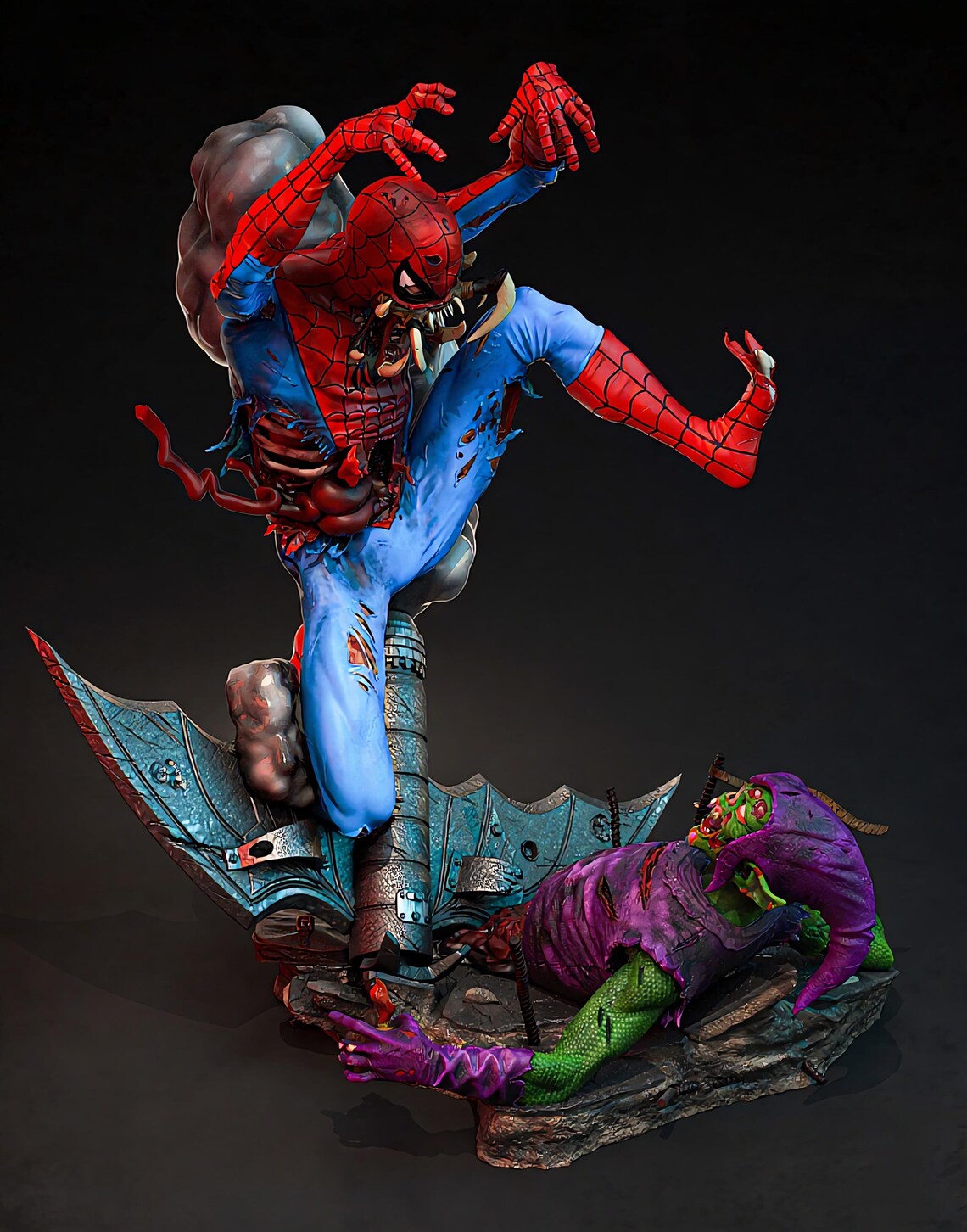 Zombie Spider-Man vs Lizard – Premium 3D Collectible Statue | Horror Superhero Display Figure